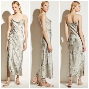 VINCE Women’s Size 8 Celery Floral Print Hazy Blossom Cowl Neck Satin Slip Dress